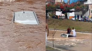 Carro é "engolido" após rompimento de adutora em avenida de Salvador